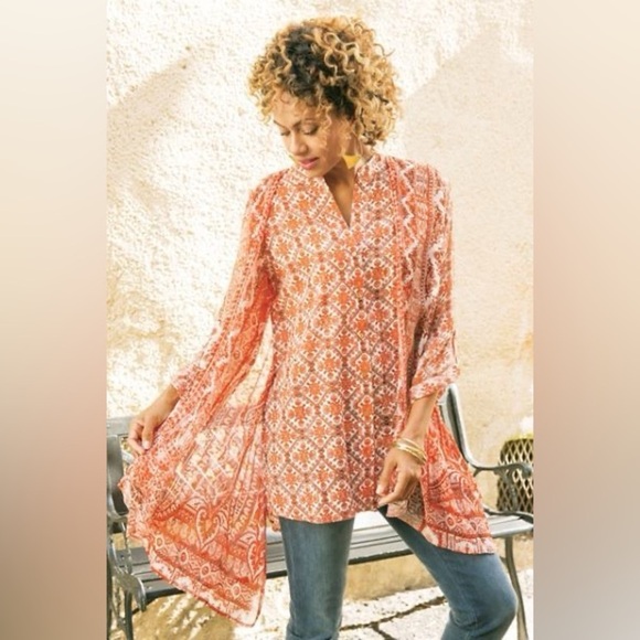 Soft Surroundings Paysan Button Front Tunic Blouse Top Boho Peasant Orange L - Picture 2 of 9